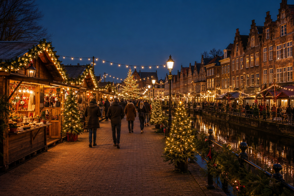Sfeervolle kerstmarkt in Nederland met lichtjes en houten kraampjes