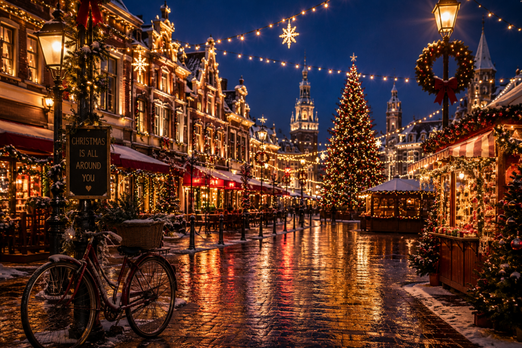 Sfeervolle kerstmarkt in een verlichte winterse stad met grote kerstboom